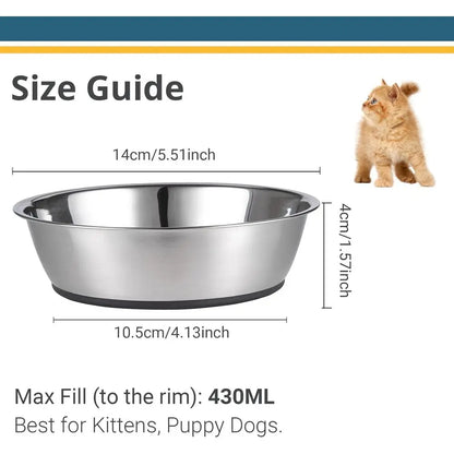 Stainless steel pet bowl size guide with dimensions 14cm width and 4cm height