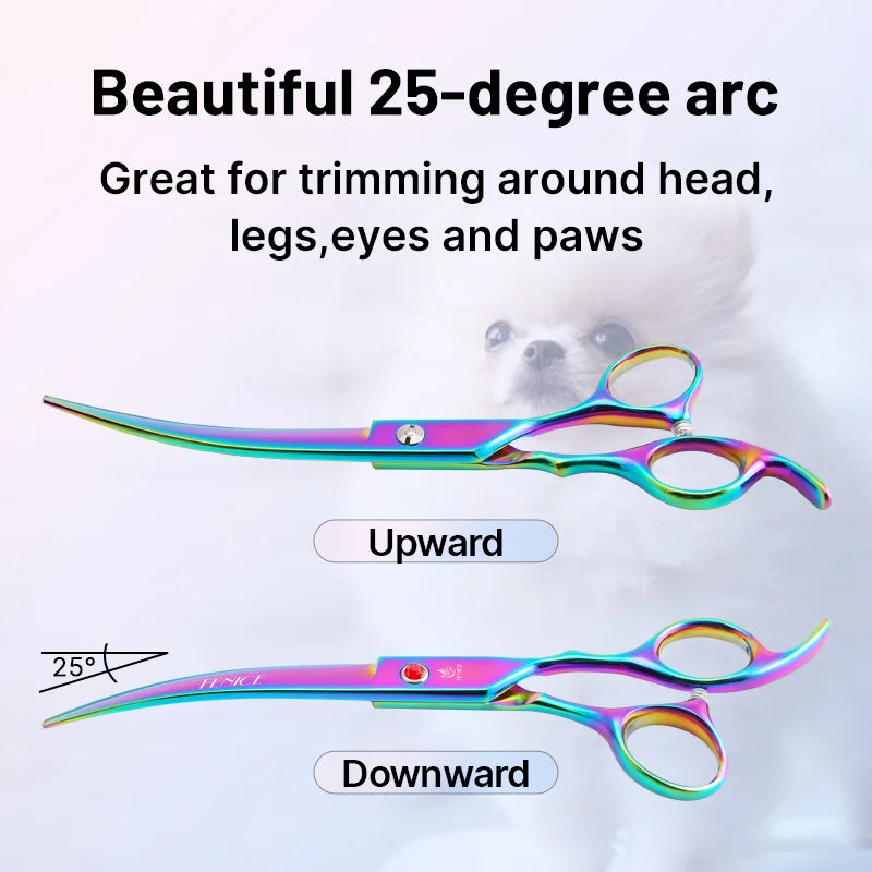Rainbow colored curved grooming scissors with 25 degree arc for trimming pet hair