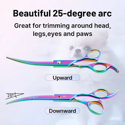 Rainbow colored curved grooming scissors with 25 degree arc for trimming pet hair