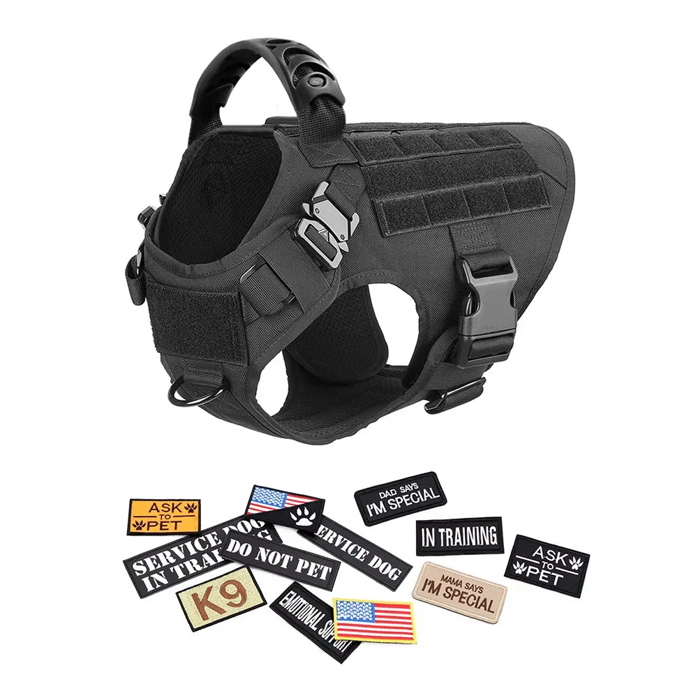 Tactical Dog Harness, Collar & Leash Set with Pouches and Patches