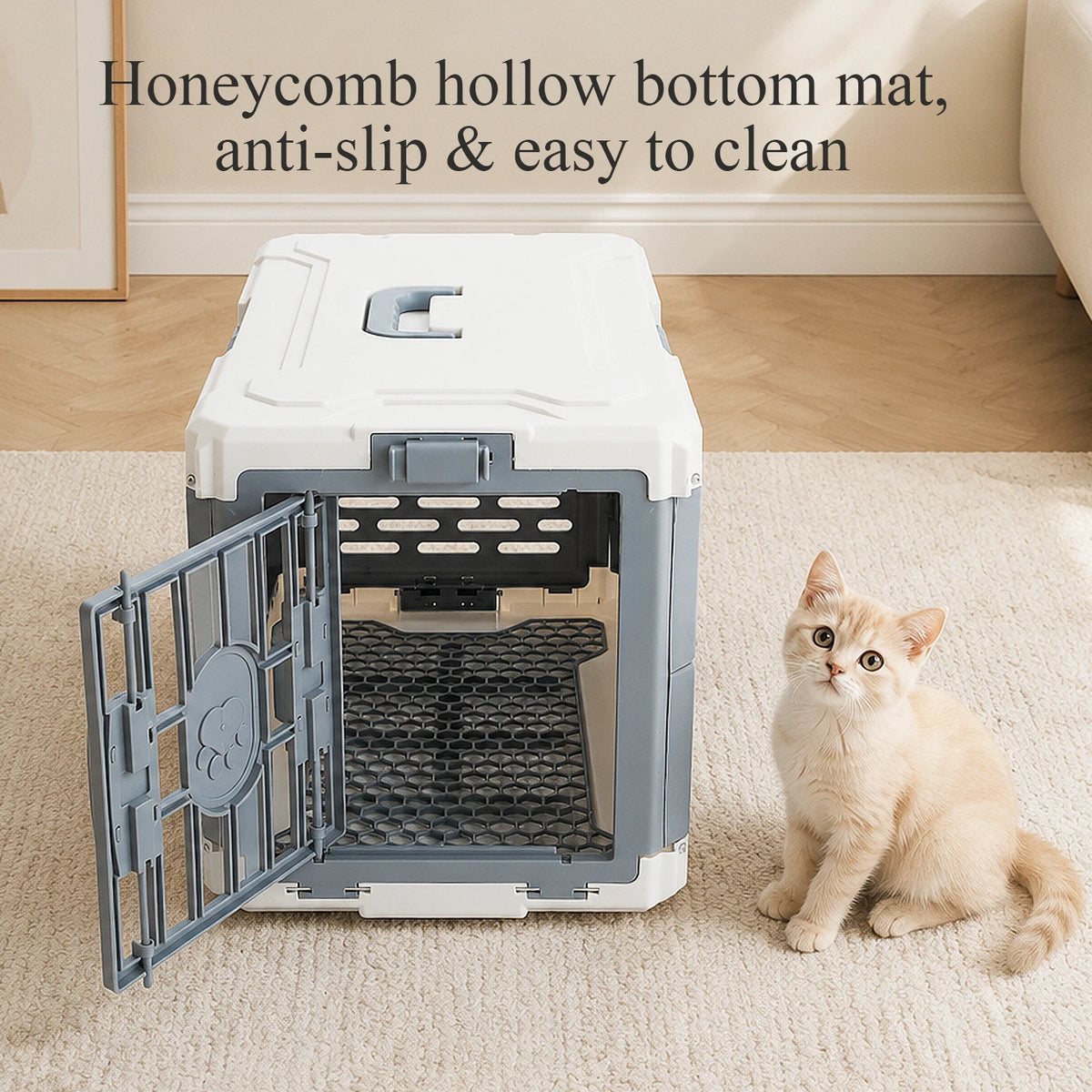 Cat sitting next to a pet carrier with a honeycomb hollow bottom mat