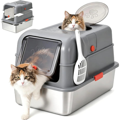 Cat exiting a grey covered stainless steel litter box with a scoop attached