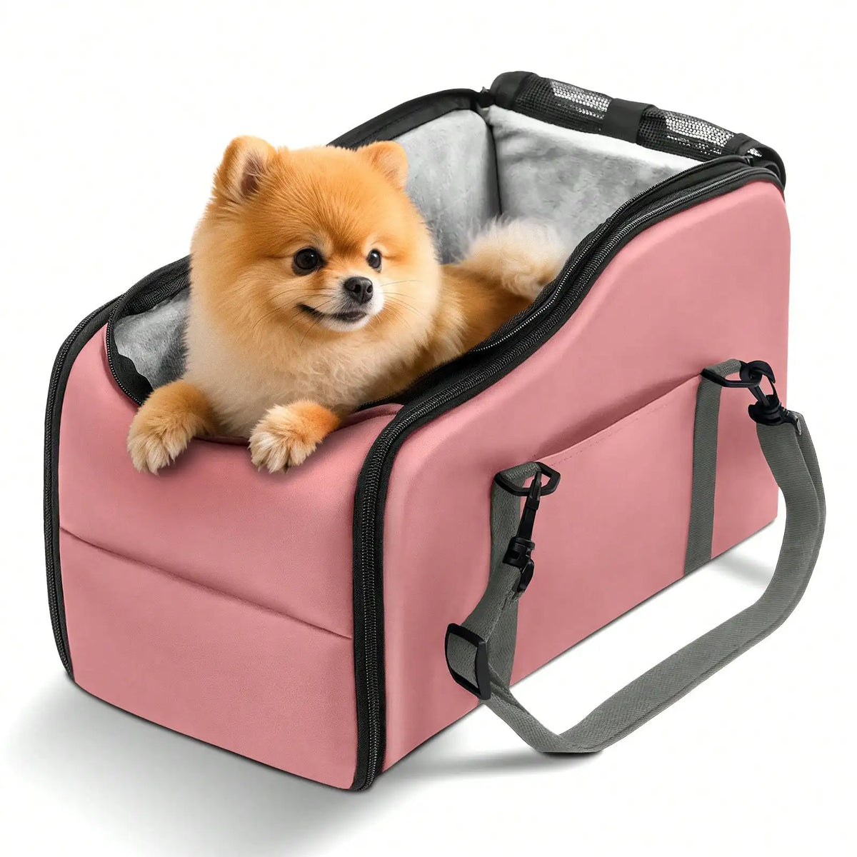 Small Pomeranian dog sitting inside a pink pet carrier bag with grey straps