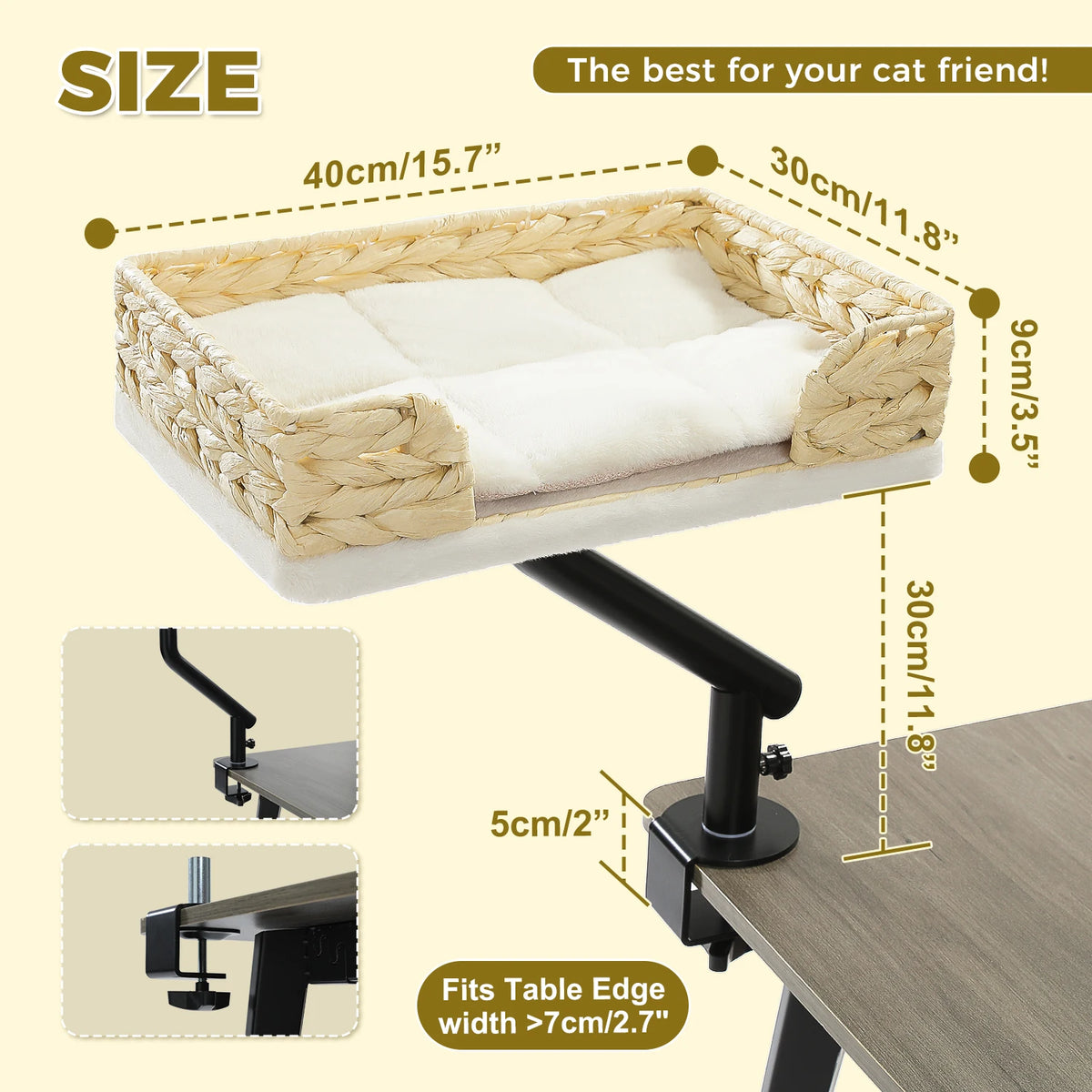 Dimensions of 360 rotating cat desk bed with adjustable hammock basket
