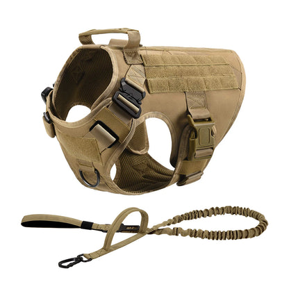 Tan tactical dog harness with matching bungee leash