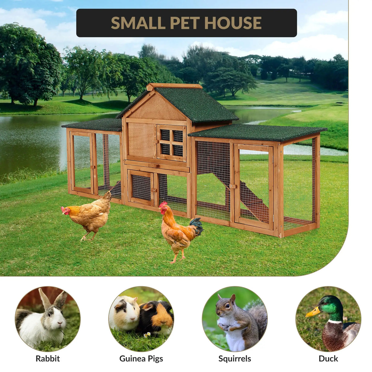 2-Story Outdoor Rabbit Hutch with Double Exercise Runs, Ramp, Pull-Out Cleaning Tray & Roof for Bunnies and Small Pets