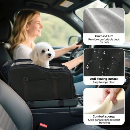 Center console pet car seat and travel carrier with plush liner showing fabric texture and water resistant surface