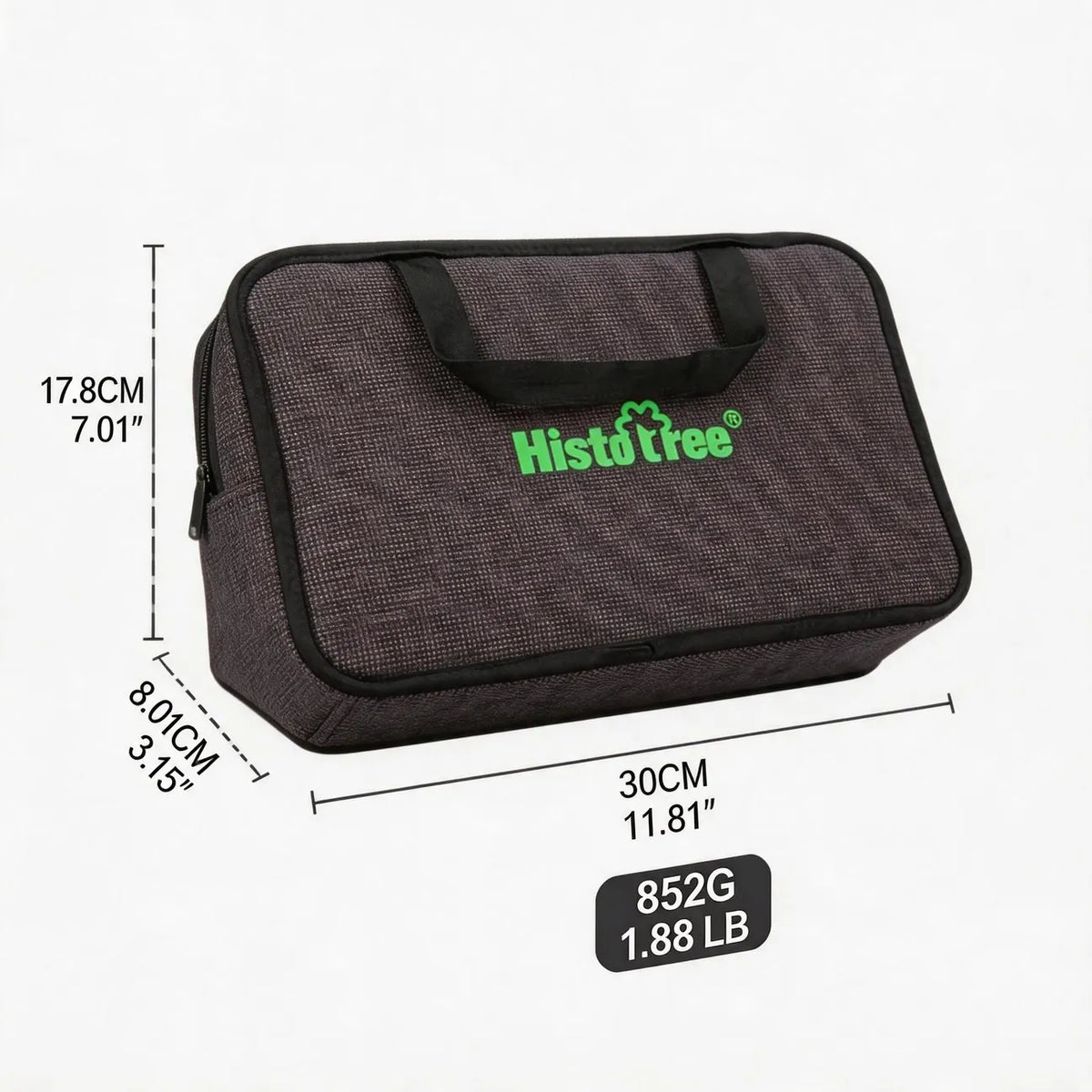 HistoTree dark grey travel bag with dimensions labeled in centimeters and inches