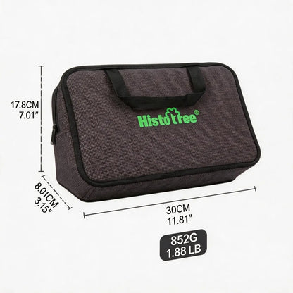 HistoTree dark grey travel bag with dimensions labeled in centimeters and inches