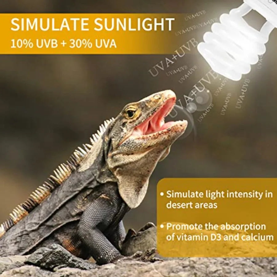26W Desert Reptile UVA UVB 10.0 compact fluorescent light bulb with lizard on rock