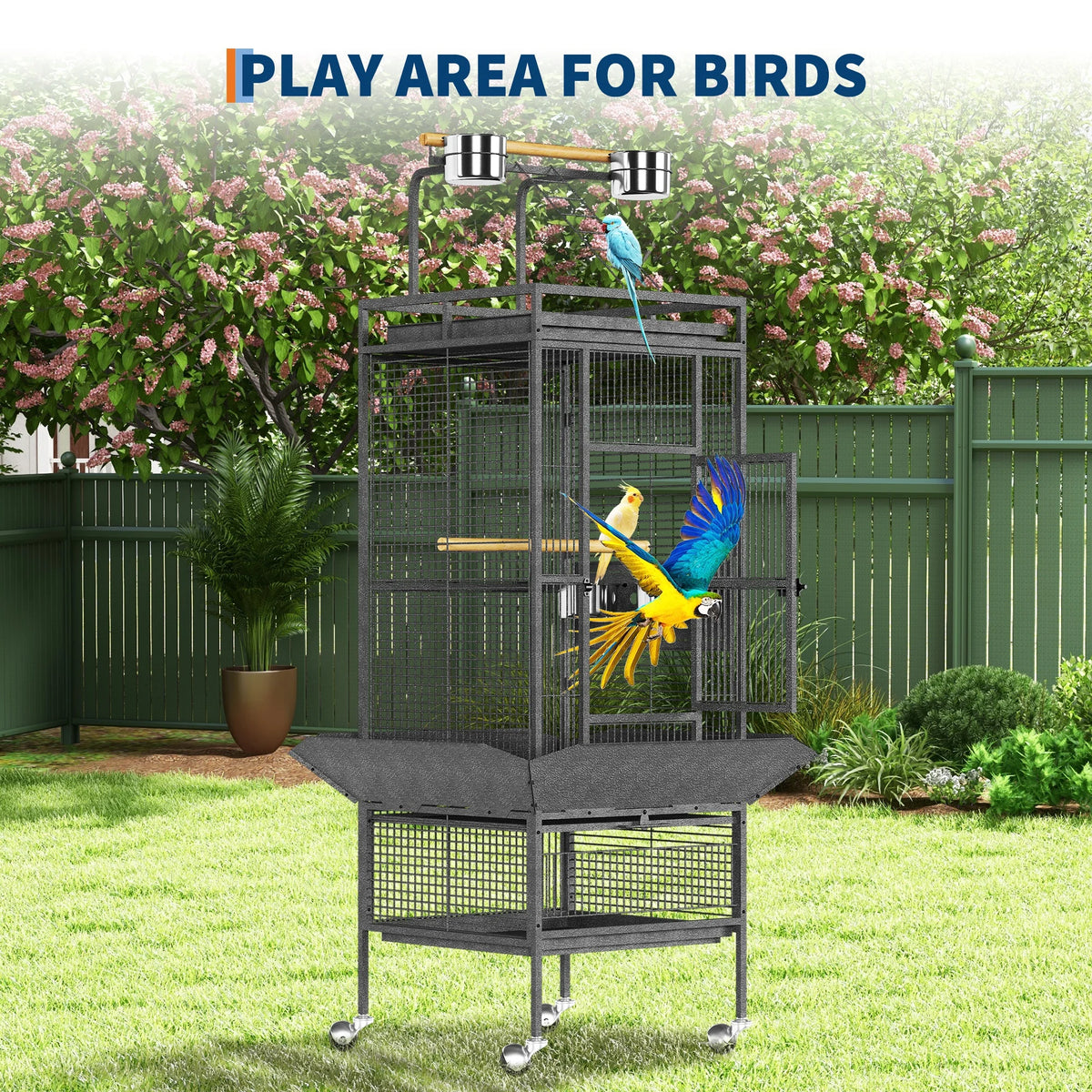 61-Inch Large Wrought Iron Bird Cage with Play Top, Rolling Stand, Perch & Feeders for Parrots, Cockatiels, Conures & Parakeets