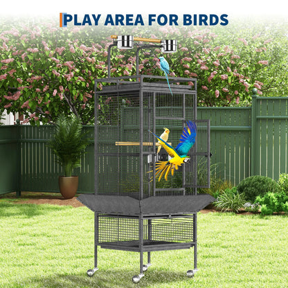 61-Inch Large Wrought Iron Bird Cage with Play Top, Rolling Stand, Perch & Feeders for Parrots, Cockatiels, Conures & Parakeets