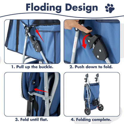 JHK 3-Wheel Foldable Pet Stroller for Small Dogs & Cats – Mesh Windows, Storage Basket & Cup Holder