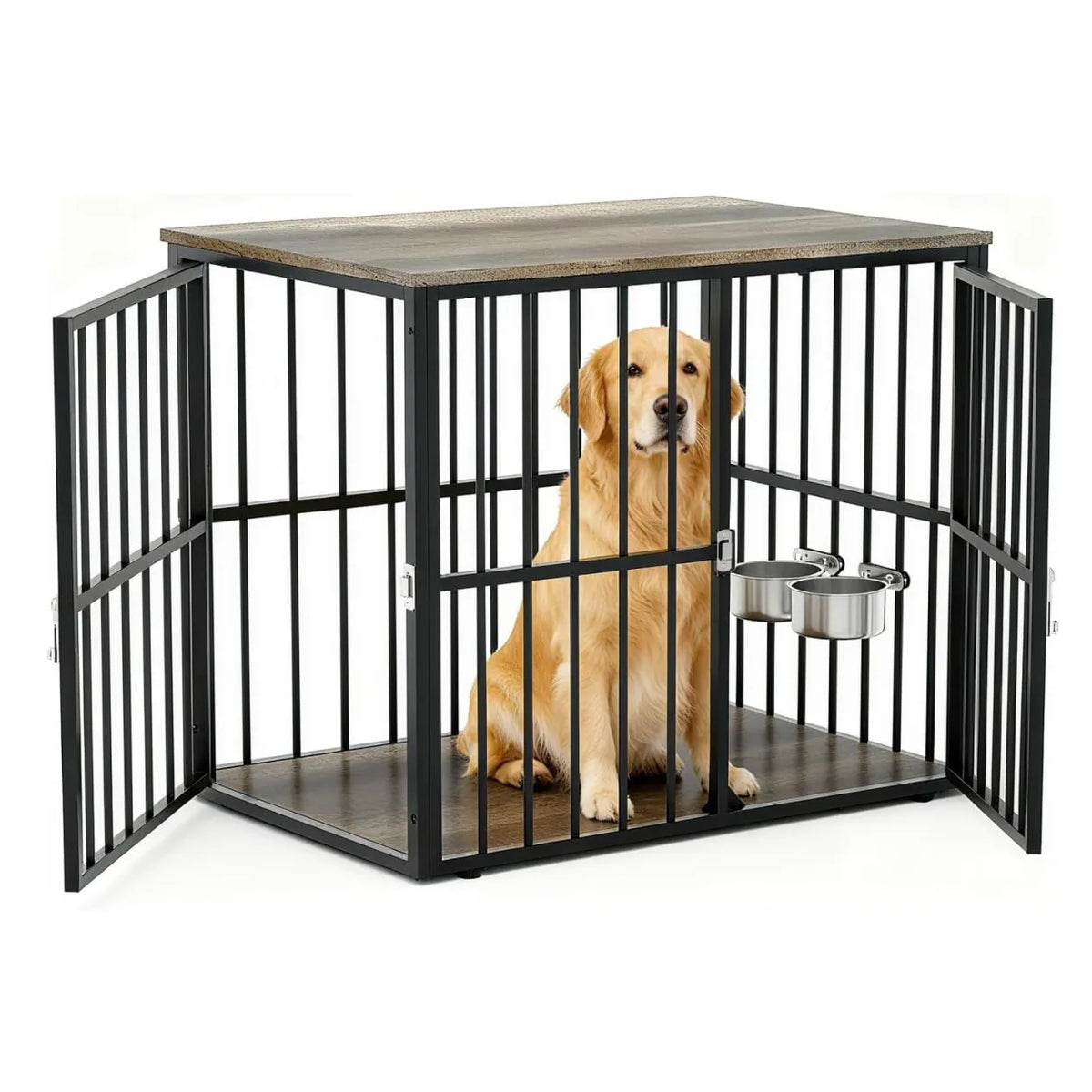 43-Inch Wooden Dog Crate Furniture with Double Doors, Removable Tray & Divider for Medium to Large Dogs