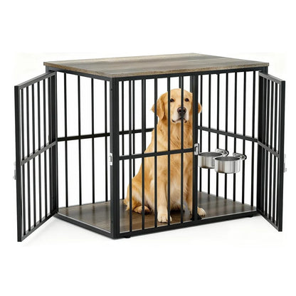 43-Inch Wooden Dog Crate Furniture with Double Doors, Removable Tray & Divider for Medium to Large Dogs