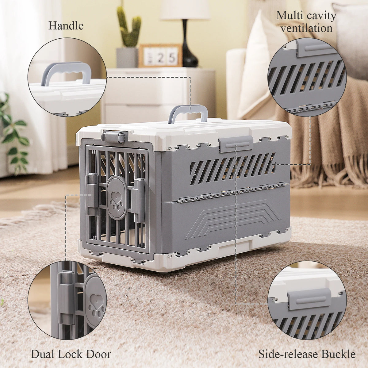 Grey and white pet carrier with handle, ventilation slots, dual lock door, and side release buckles