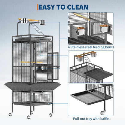 61-Inch Large Wrought Iron Bird Cage with Play Top, Rolling Stand, Perch & Feeders for Parrots, Cockatiels, Conures & Parakeets