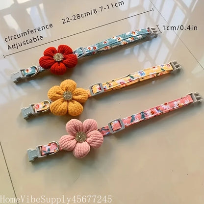 Three floral pet collars with 3D flower charms and size measurements