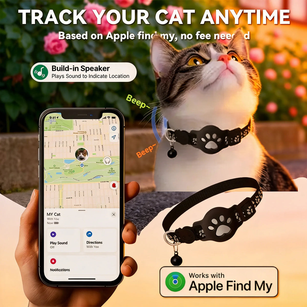 Reflective Cat Tracker Collar with Breakaway Buckle – Waterproof Anti-Lost Safety Collar