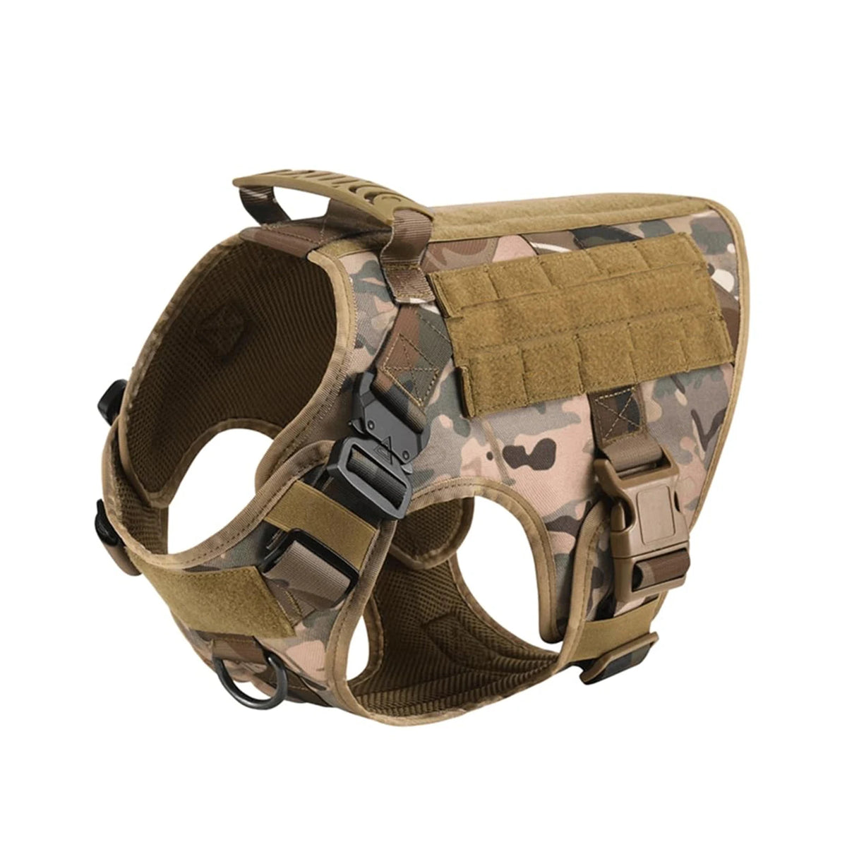 Tactical dog harness in camouflage pattern with adjustable straps and handle