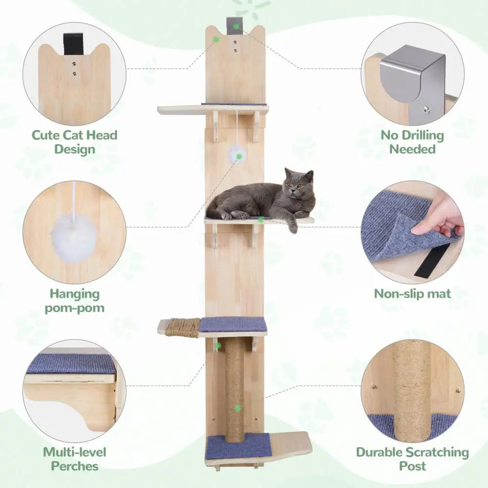 4-Tier Door-Hanging Cat Tree & Climbing Tower with Scratching Posts, Pads & Hanging Toy Ball