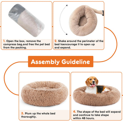 Calming Round Plush Dog Bed for Medium to Large Dogs with Anti-Slip Bottom & Washable Faux Fur Cover