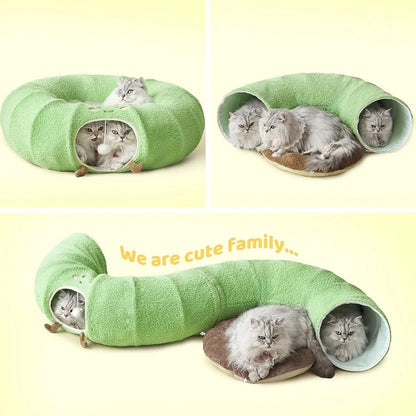 Convertible Plush Cat Tunnel & Donut Bed with Removable Cushion, Zipper Connection & Hanging Toy Ball for Indoor Cats