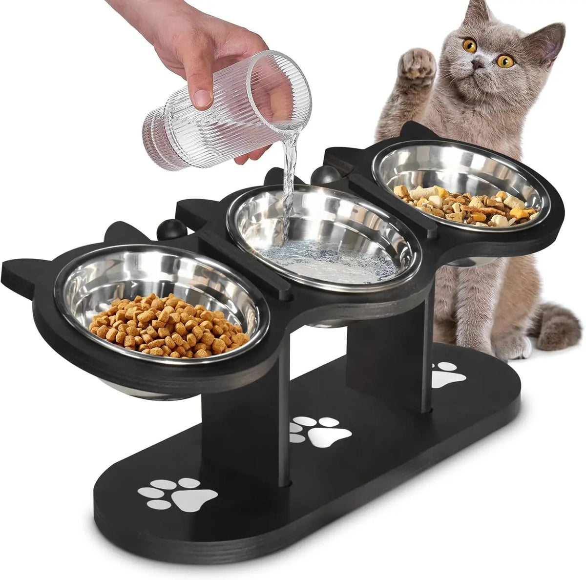 Adjustable elevated cat feeding station with three tilted stainless steel bowls and paw print base