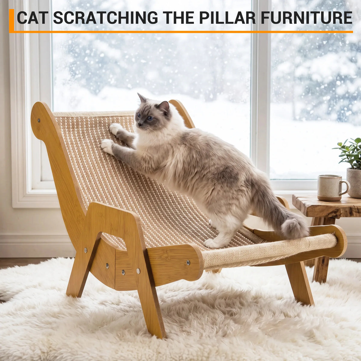 Ragdoll cat scratching a wooden cat lounge chair with sisal fabric