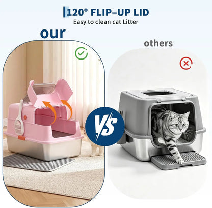 Comparison of cat litter box with 120 degree flip up lid versus standard litter box