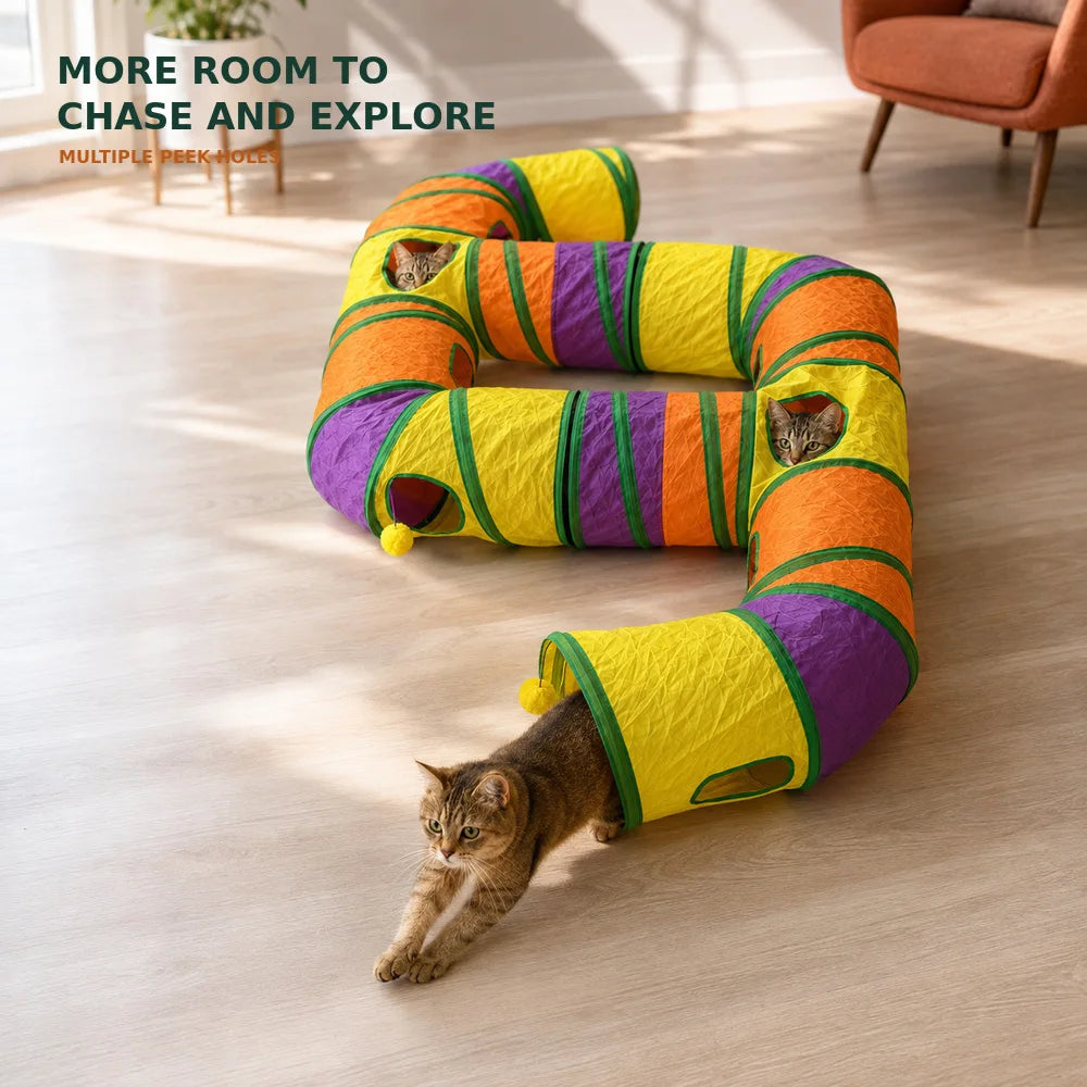 Zoe Extra-Long Cat Play Tunnel Maze – Foldable Double E-Shaped Design with Peek Holes, Pom-Poms & Interactive Toys