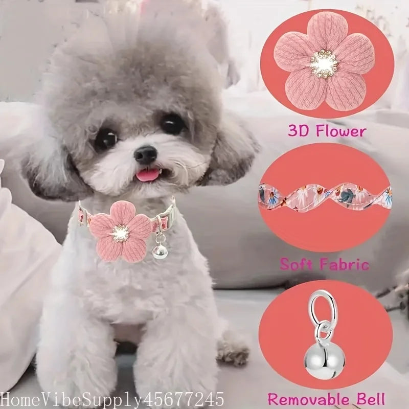 Small dog wearing a pink floral collar with a 3D flower charm and a removable bell
