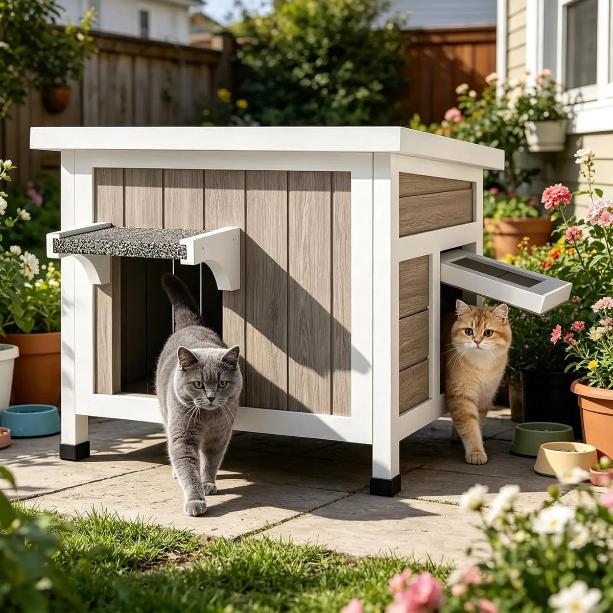 Two cats walking out of a 22-inch insulated wooden outdoor cat house with an open roof in a garden