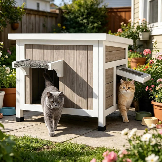 Two cats walking out of a 22-inch insulated wooden outdoor cat house with an open roof in a garden