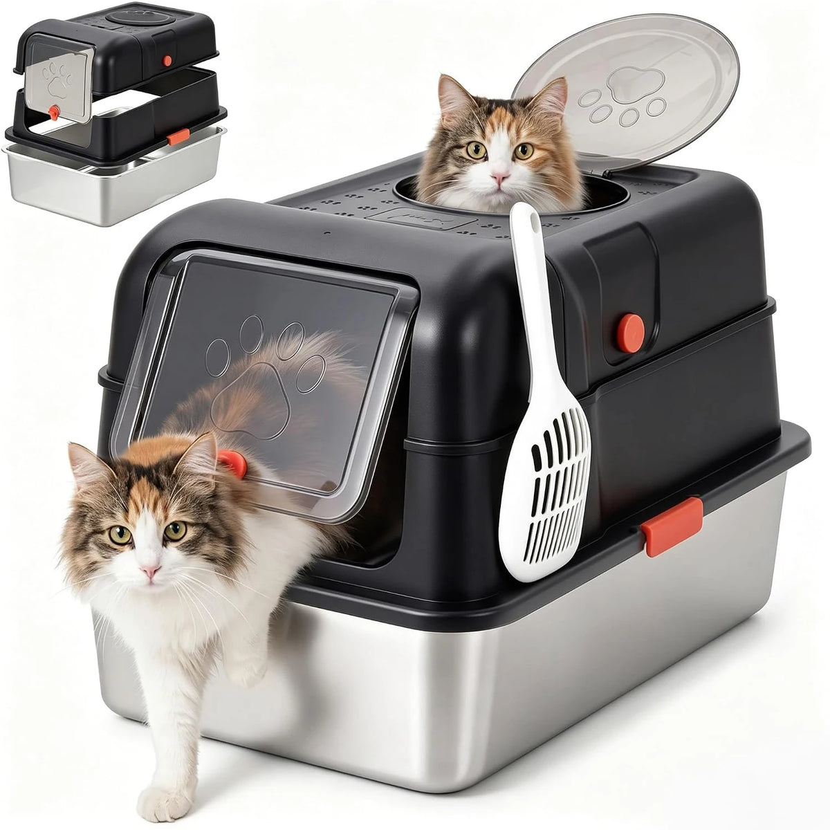 Fully enclosed stainless steel cat litter box with top exit and front door