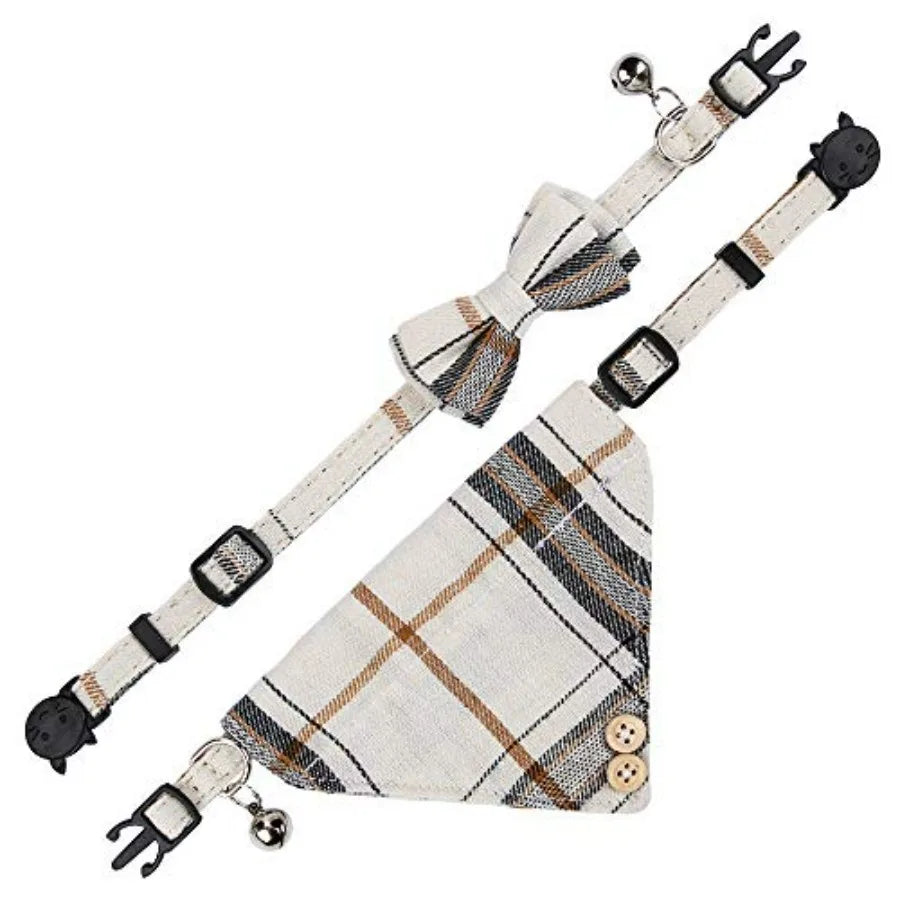 Beige plaid cat collar with bow tie and matching bandana with bell and buckle
