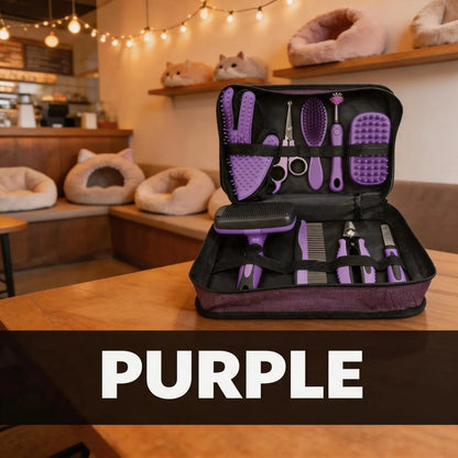Purple pet grooming kit with brushes combs and scissors in a travel case