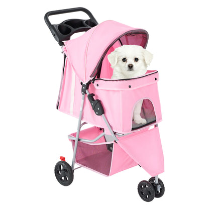 JHK 3-Wheel Foldable Pet Stroller for Small Dogs & Cats – Mesh Windows, Storage Basket & Cup Holder