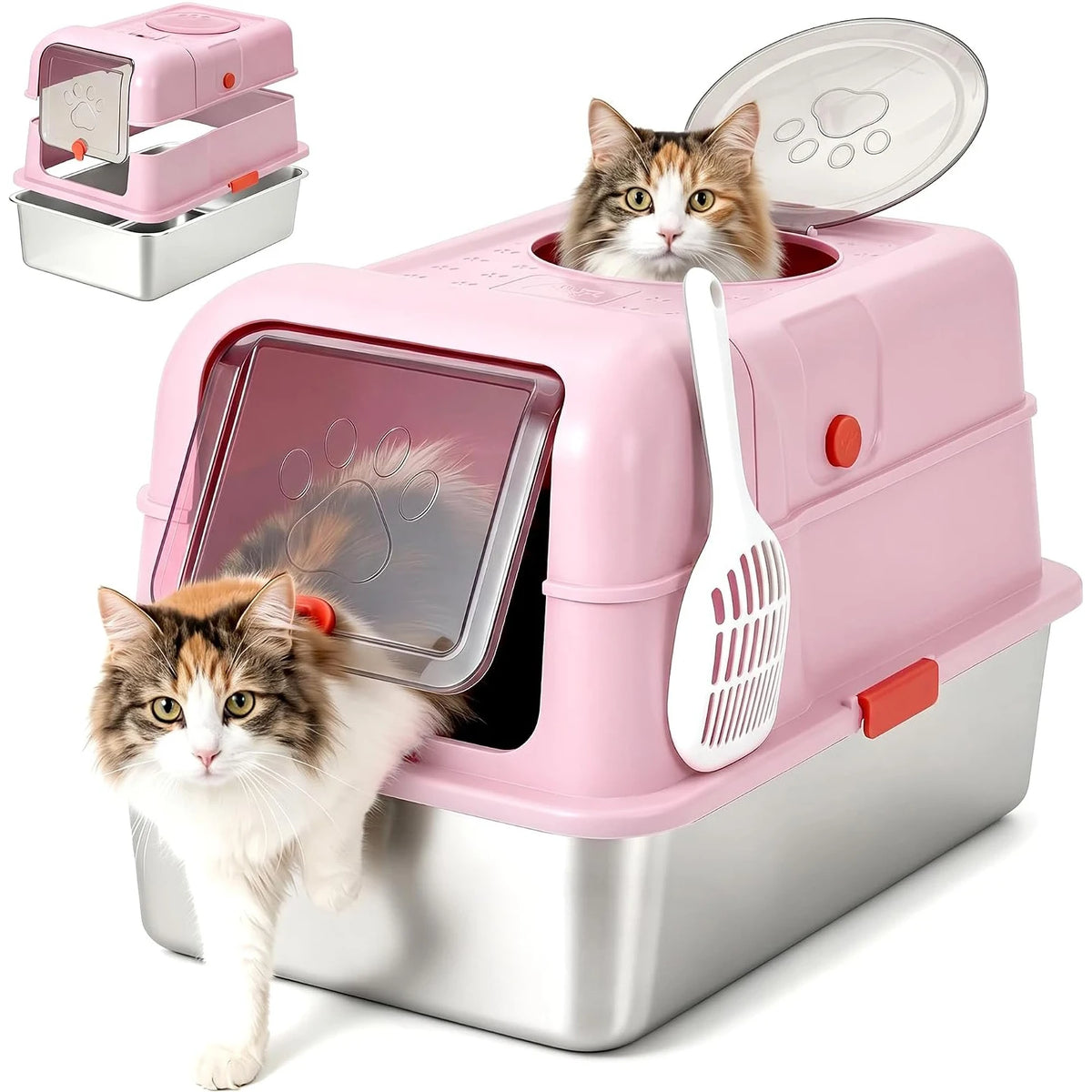 Pink enclosed cat litter box with stainless steel base and cat entering through the front door