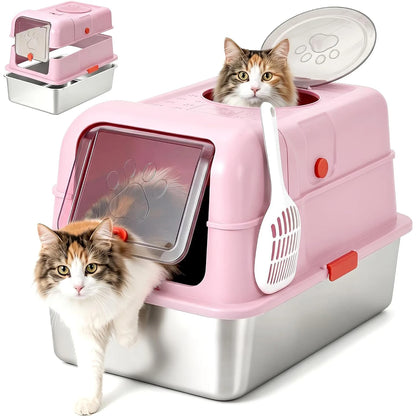 Pink enclosed cat litter box with stainless steel base and cat entering through the front door