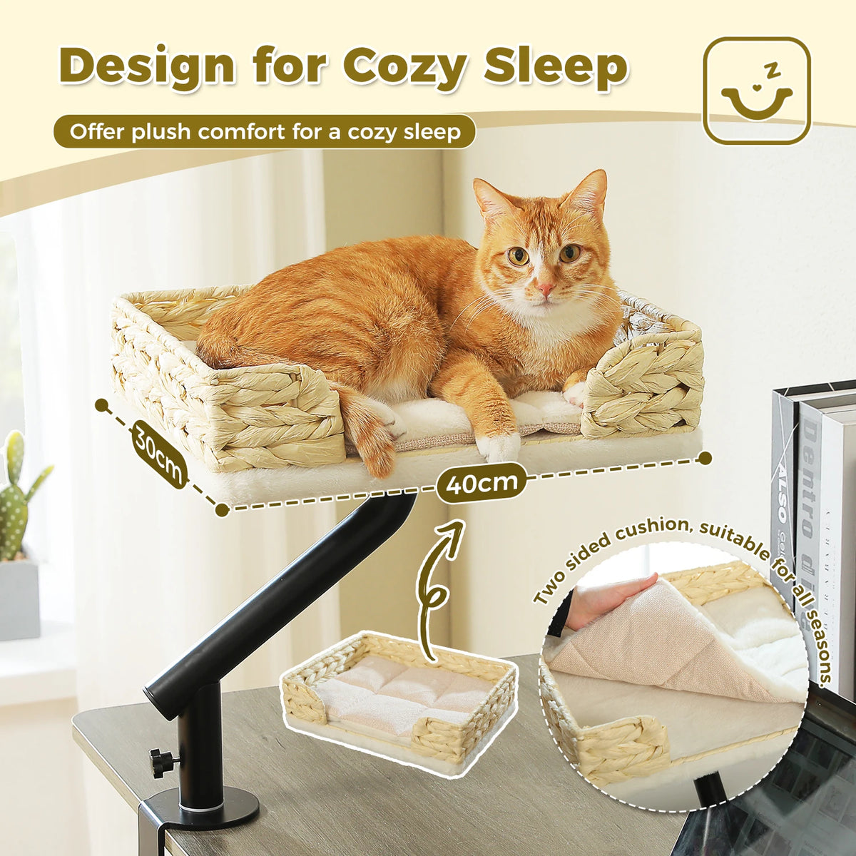 Orange cat resting on a woven wicker cat perch with a reversible cushion and desk clamp mount