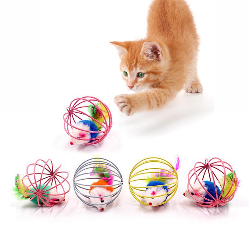 1 Pcs Cat Toy Stick Feather Wand with Bell, Mouse Cage Toys, Plastic Artificial Colorful Cat Teaser Toy, Pet Supplies Random Color Hollow Balls with Feather Tail, Kitten Chase Pounce Toy, Cat Feather Toy
