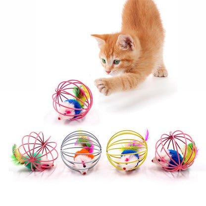 1 Pcs Cat Toy Stick Feather Wand with Bell, Mouse Cage Toys, Plastic Artificial Colorful Cat Teaser Toy, Pet Supplies Random Color Hollow Balls with Feather Tail, Kitten Chase Pounce Toy, Cat Feather Toy