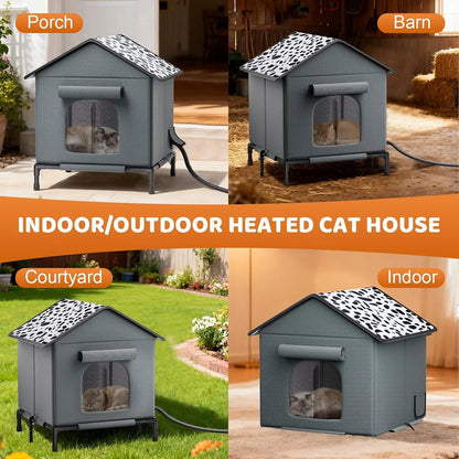 Heated Outdoor Cat House – Weatherproof Insulated Shelter with Heating Pad & Elevated Waterproof Base