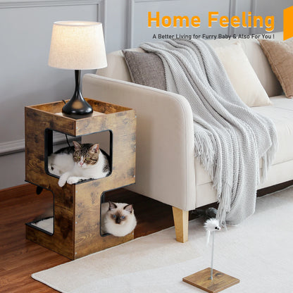 Modern Wooden Cat Condo & Activity Tower with Cozy Hideaway, Removable Soft Mats & Scratching Pad for Indoor Cats and Kittens