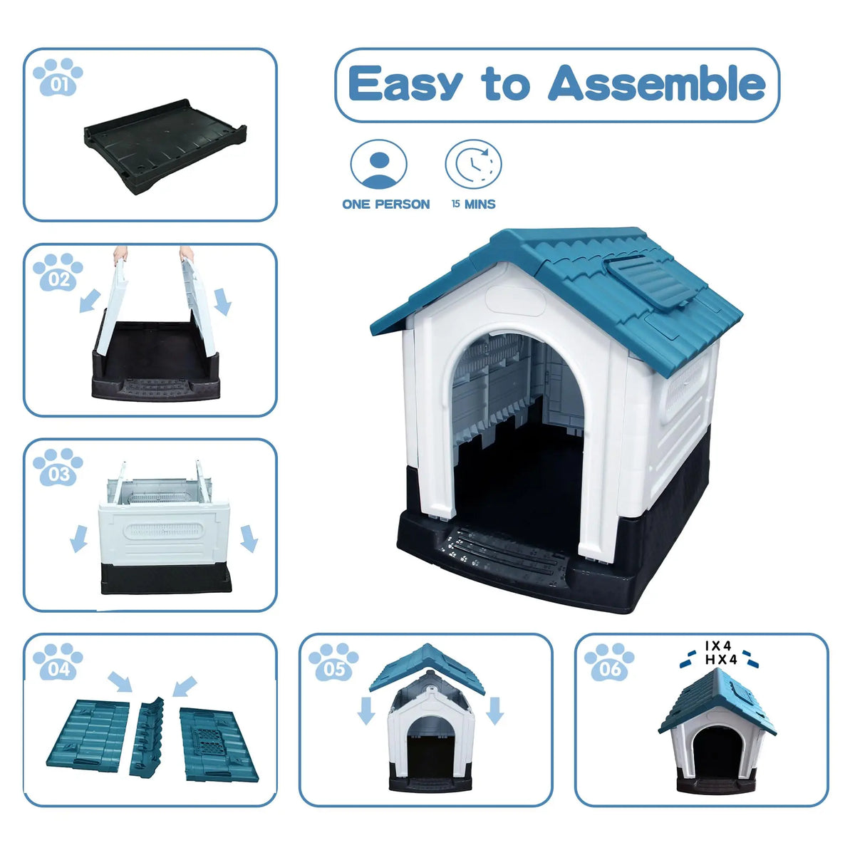 Six step assembly guide for a blue and white plastic dog house