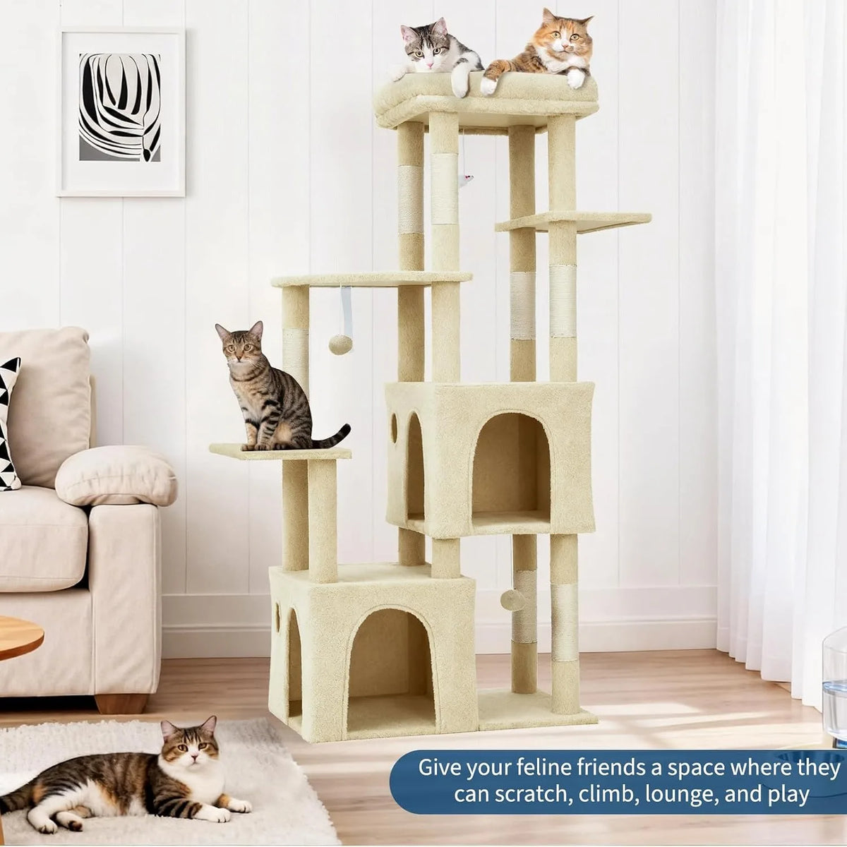 61-inch multi-level cat tree with two condos, top perch, and seven scratching posts