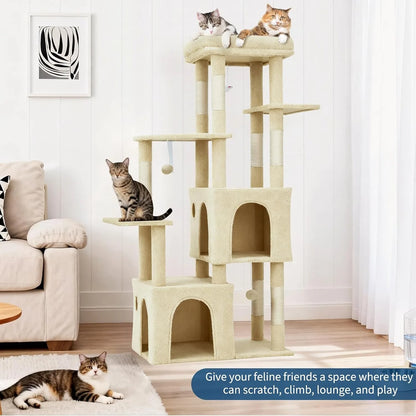 61-inch multi-level cat tree with two condos, top perch, and seven scratching posts