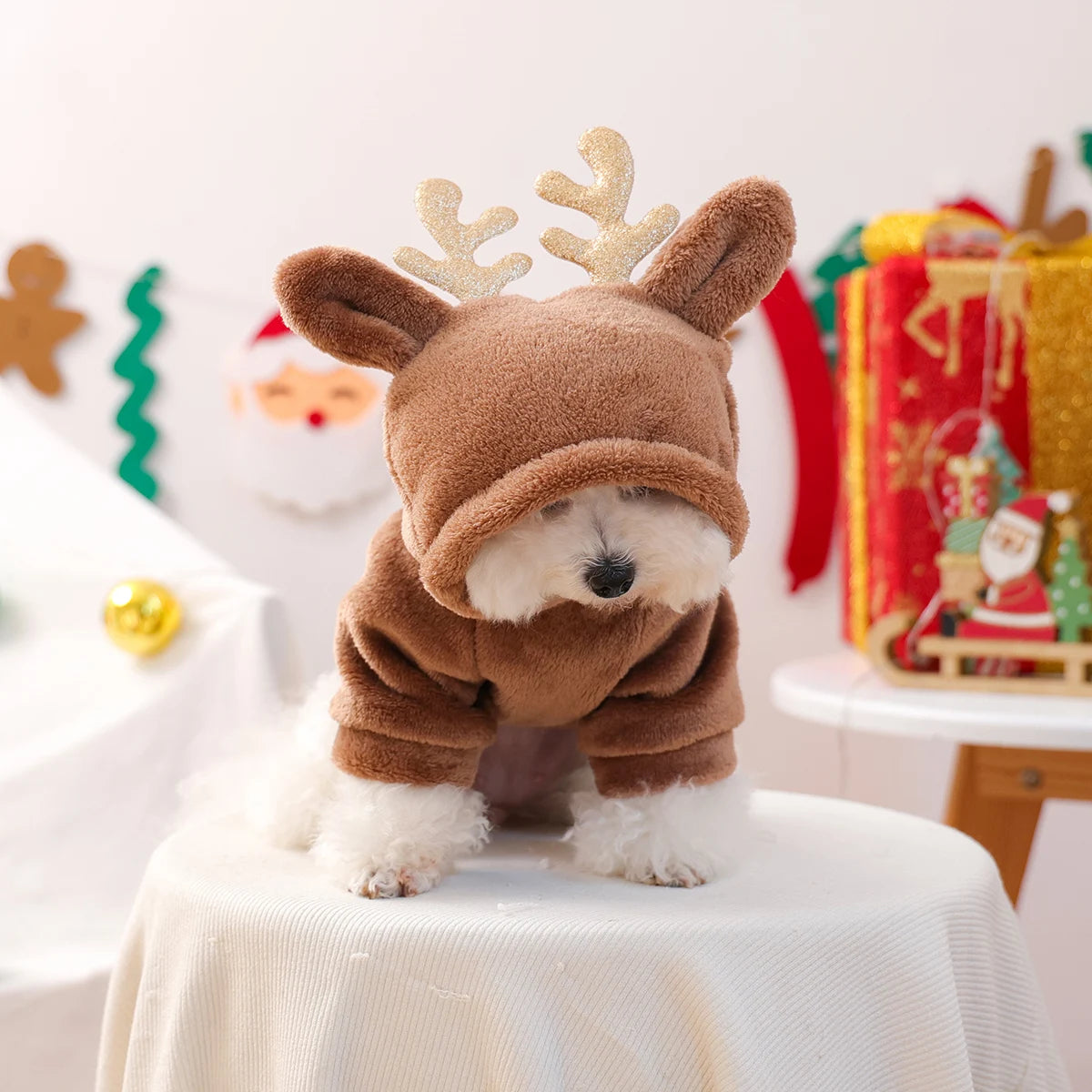 Cozy Reindeer Fleece Hoodie for Dogs & Cats – Warm Brown Christmas Pet Sweatshirt with Antlers
