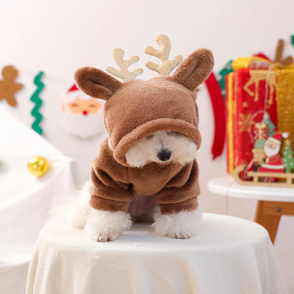 Cozy Reindeer Fleece Hoodie for Dogs & Cats – Warm Brown Christmas Pet Sweatshirt with Antlers